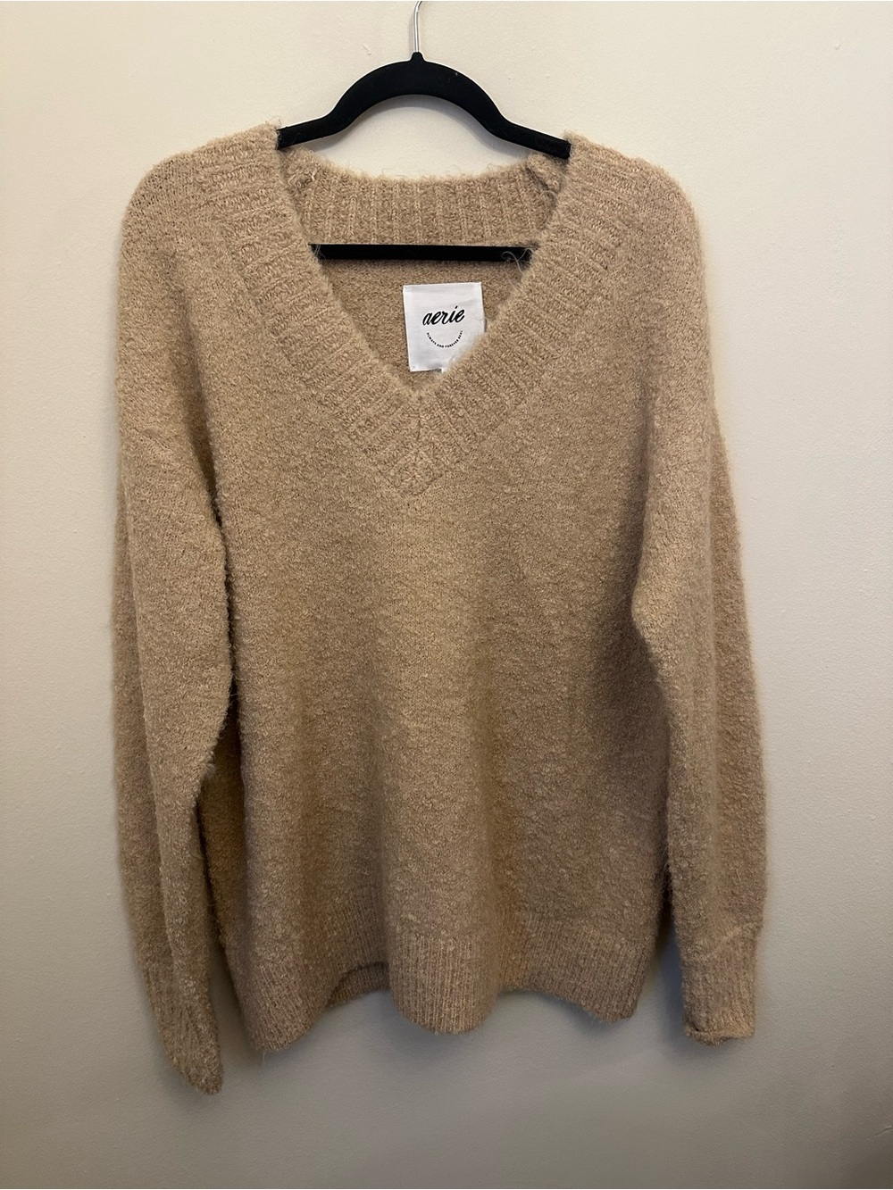 NWT Aerie Teddy Boucle Sweater S Tan Oversized V Neck Wool Blend Cozy Fall